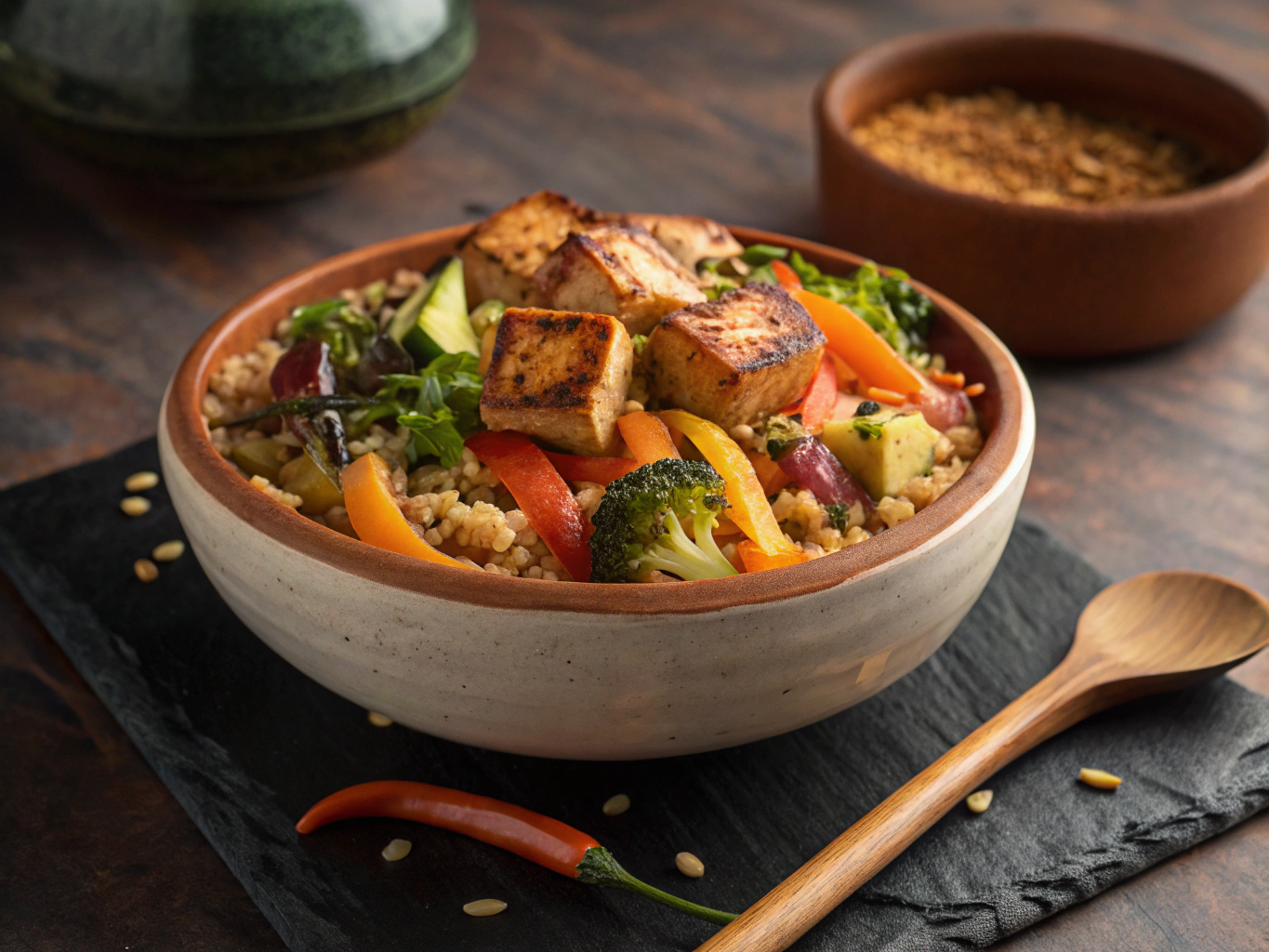 Arroz Integral con Verduras Salteadas y Tofu