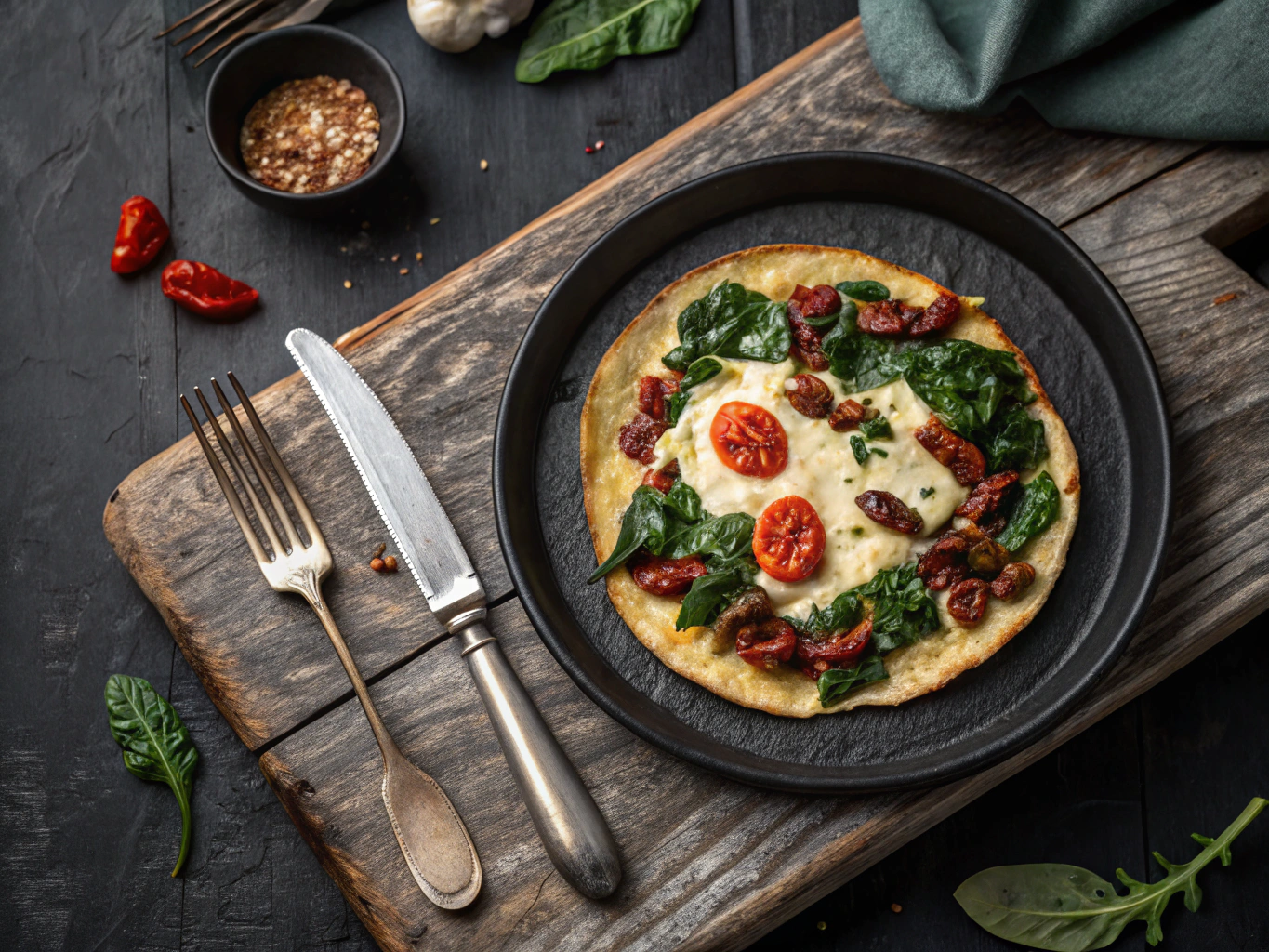 Munavalge omlett spinati ja päikesekuivatatud tomatitega